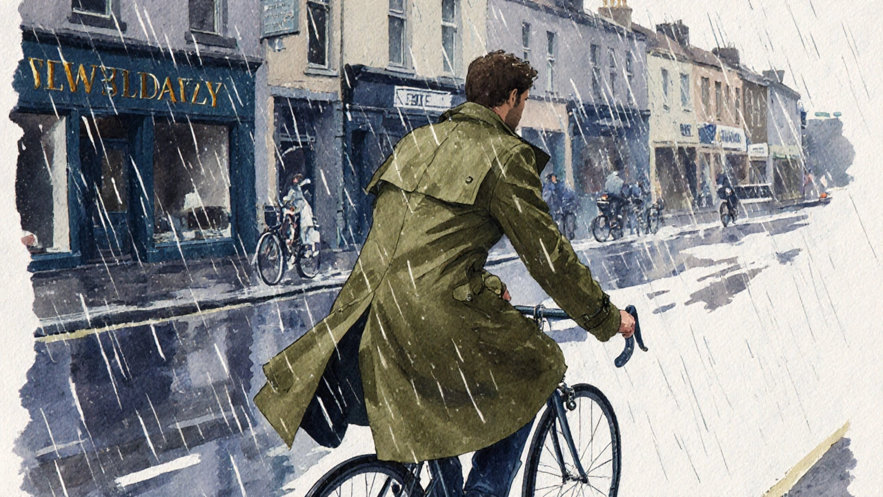 Man cycling in Galway wearing a waterproof trench coat in heavy rain.