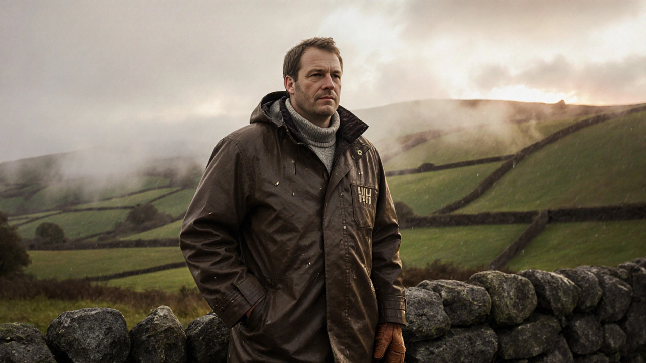 Rural Irish farmer in a heavy waxed jacket over thermal layers, standing by a stone wall in misty hills.