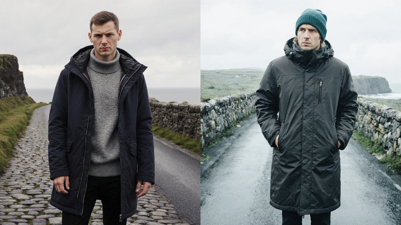 Side-by-side coat comparison: too-tight vs. properly fitted, set against Irish landscape elements.