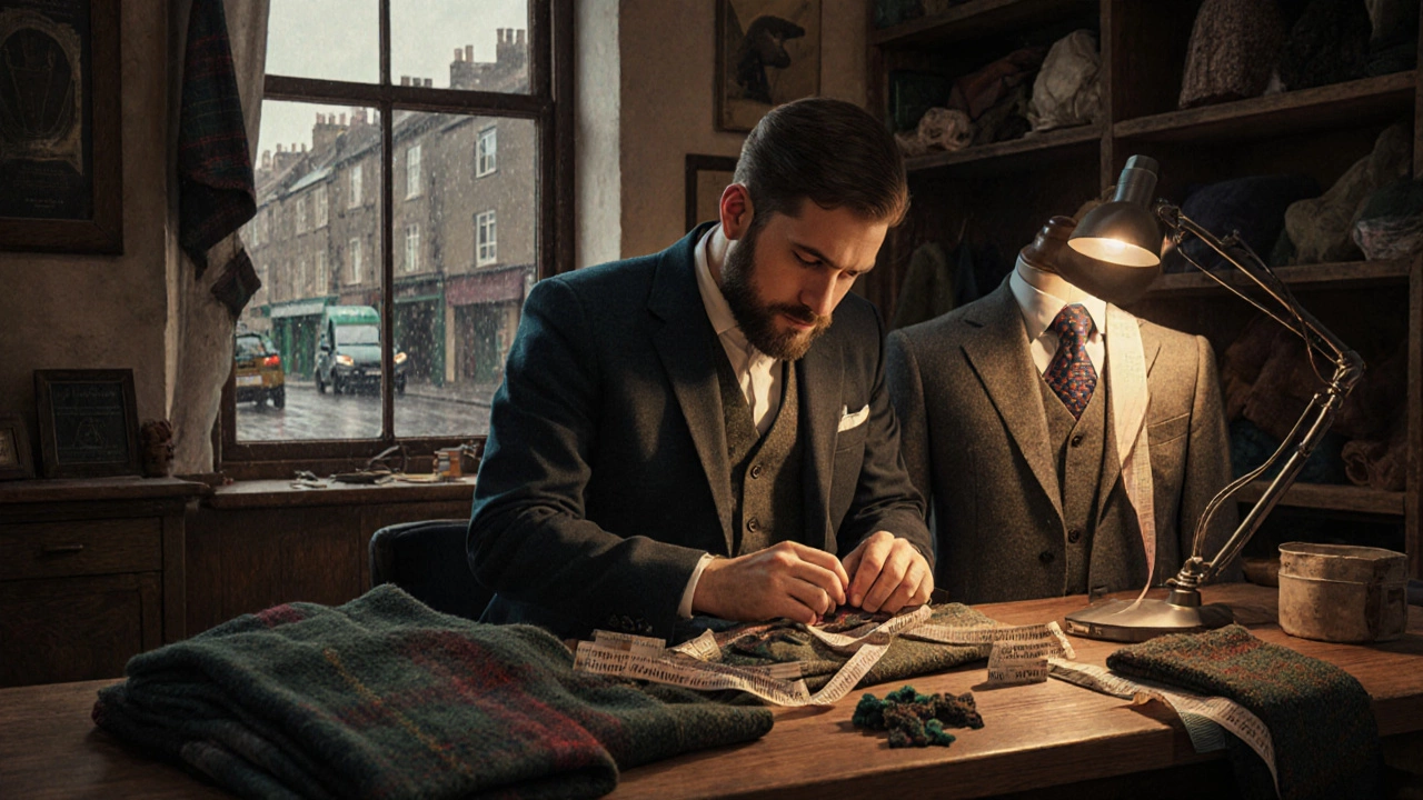 Tailor hand-stitching a 4-button wool jacket in a Kilkenny workshop with tweed bolts and rain-soaked window.