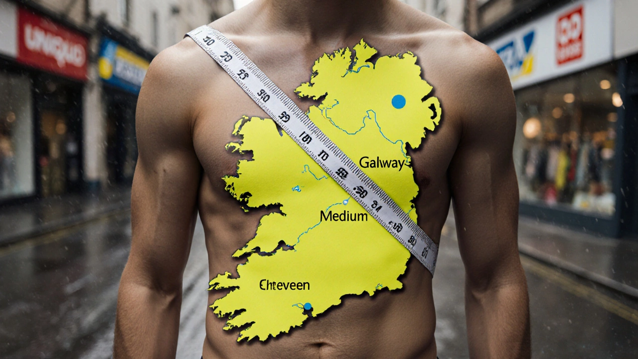 Tape measure shaped like Ireland showing chest measurements for t-shirt sizes, with Irish brand stores in background.
