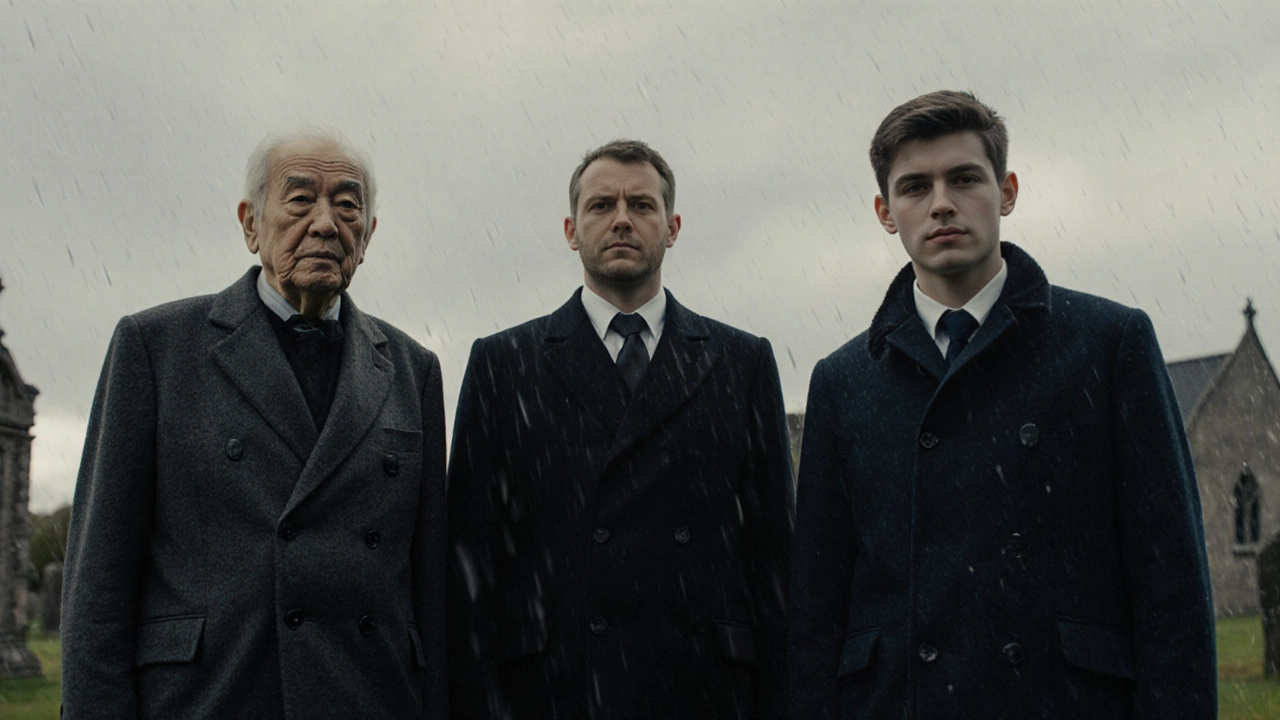 Three generations of Irish men in 4-button jackets standing quietly in a churchyard under rainy skies.