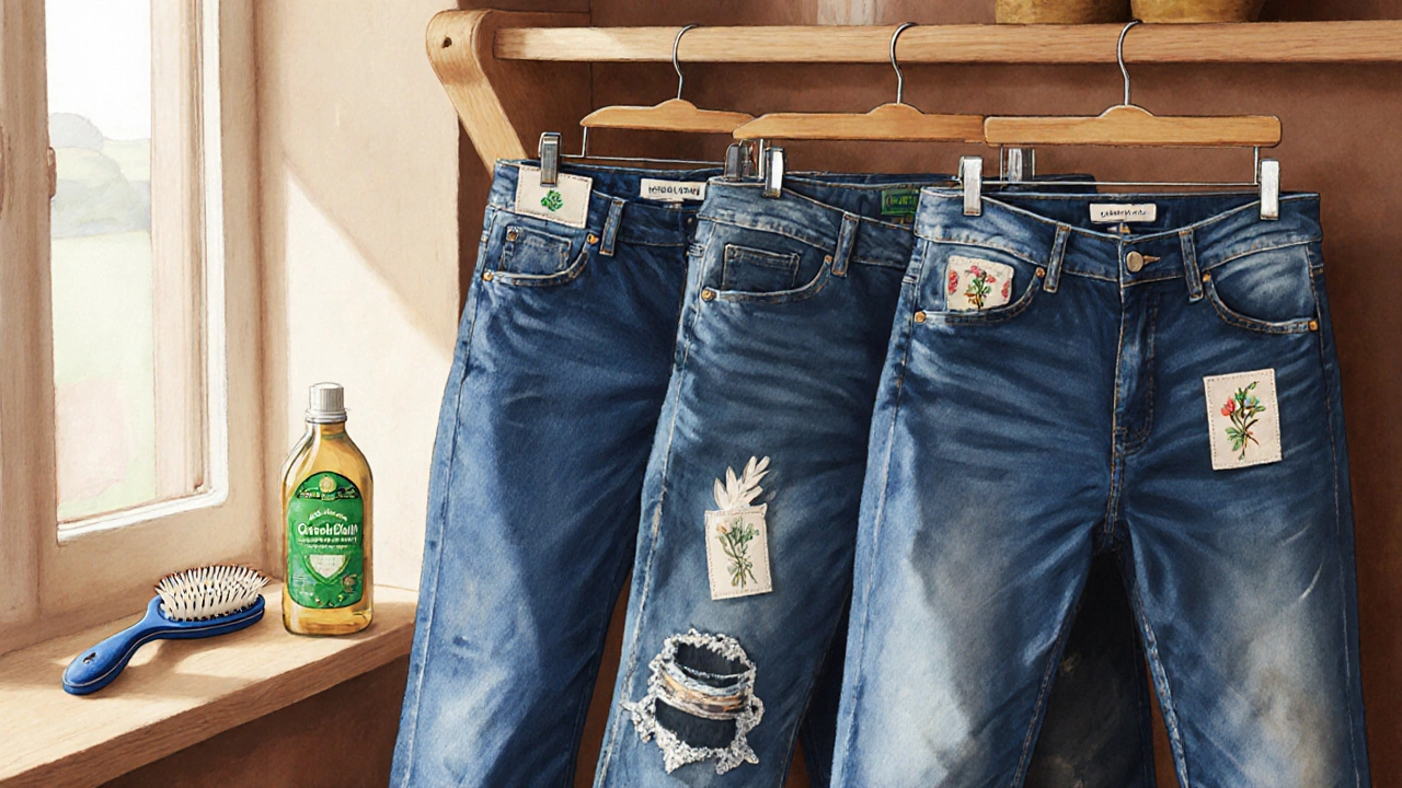 Three Irish-made jeans hanging in a boutique with denim brush and eco detergent nearby.