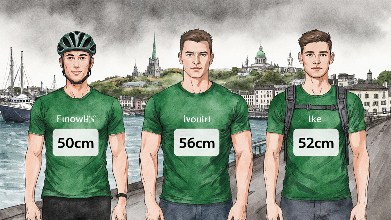 Three Irish men of same height but different builds wearing correctly sized t-shirts in Cork, Dublin, and Galway.