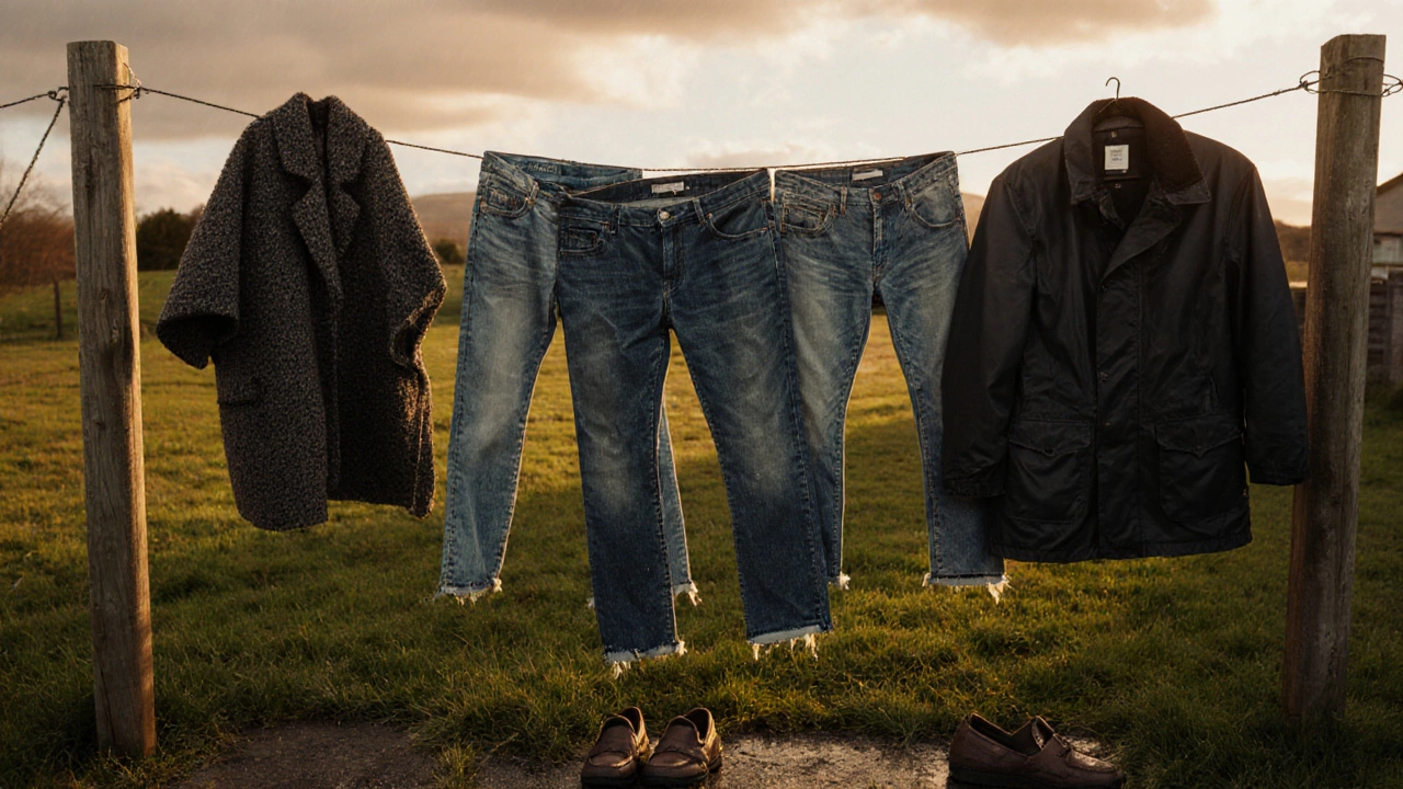Three pairs of practical jeans on a laundry line in Ireland, with a wool coat and boots nearby, symbolizing long-lasting, weather-ready clothing.