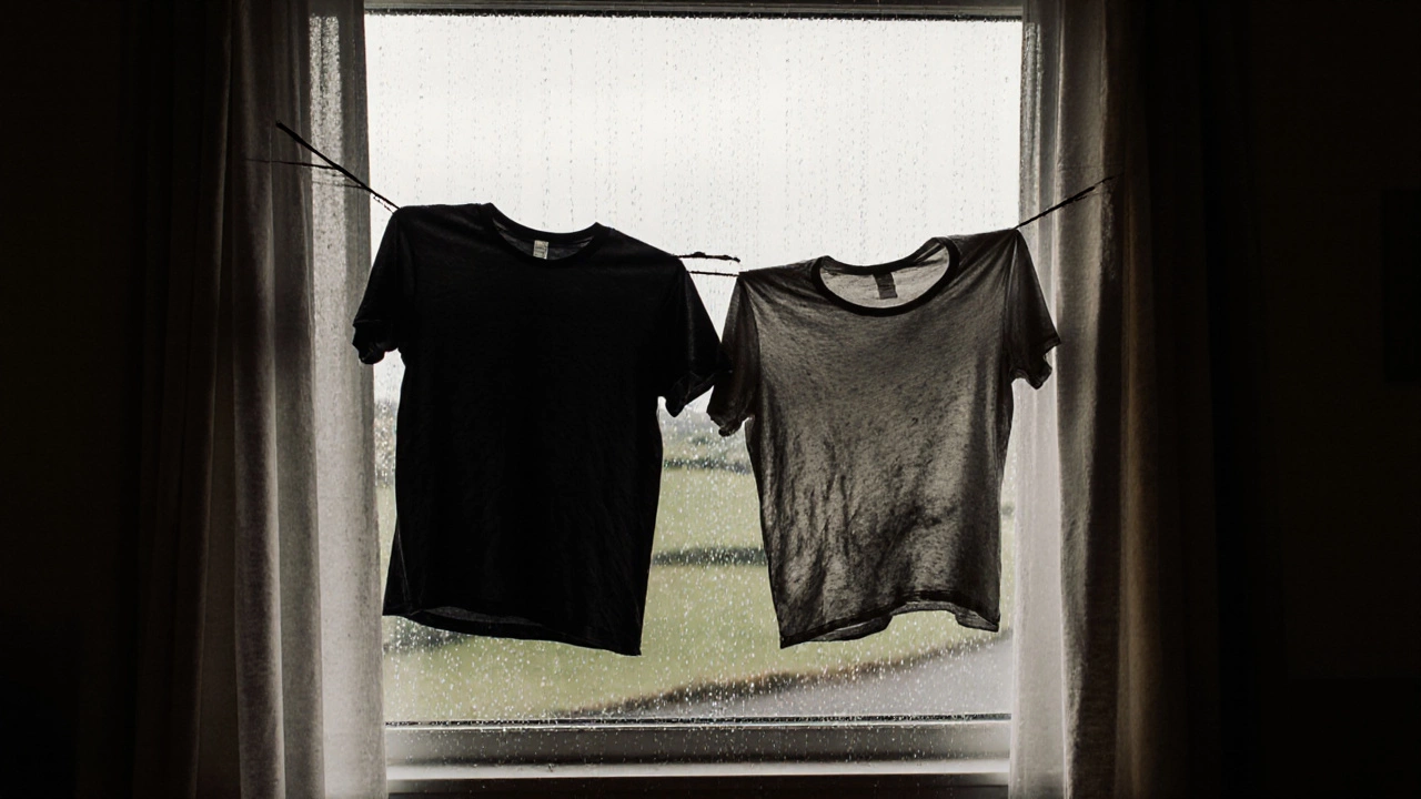 Two t-shirts side by side on a drying rack, one worn, one pristine.