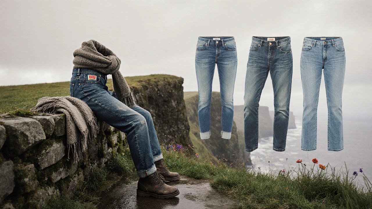 Worn Levi’s jeans resting on a cliffside wall with misty Irish landscape in background.