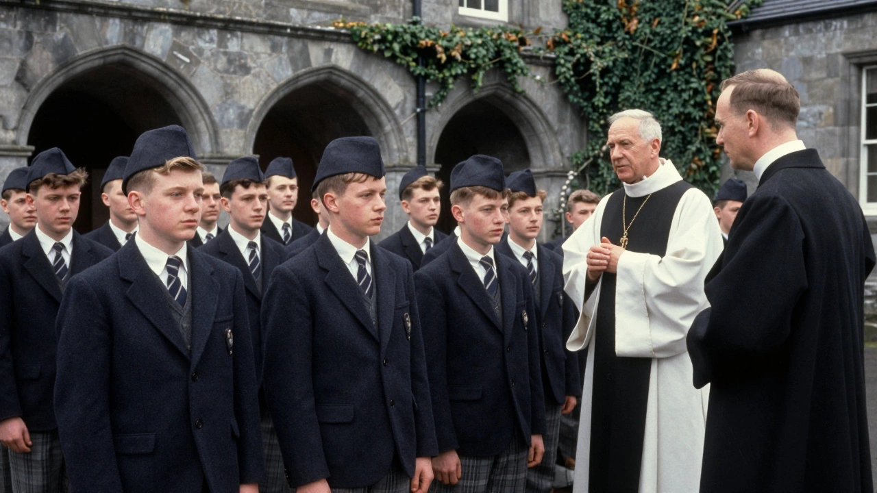 1950s Irish students in formal uniforms stand outside a historic college with a priest overseeing them.