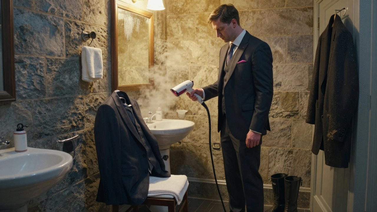 A man steaming his suit in a hotel bathroom after a wedding in Ireland.
