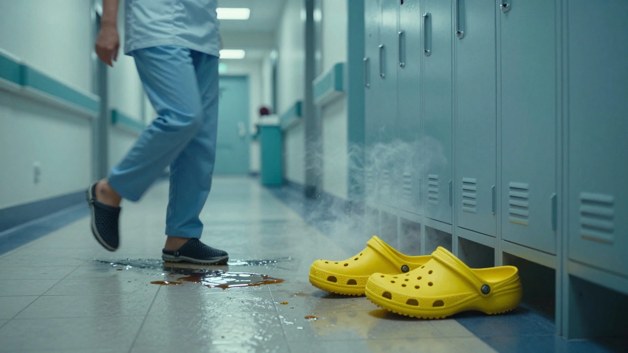 A nurse in non-slip clogs rushes past a spill in a hospital corridor, Crocs left behind near a locker.
