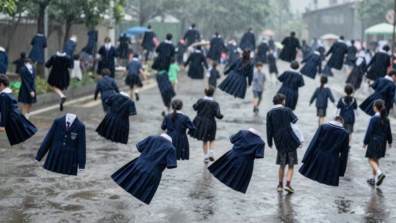 A sea of navy blue school uniforms floating like an ocean with faint green and maroon accents.
