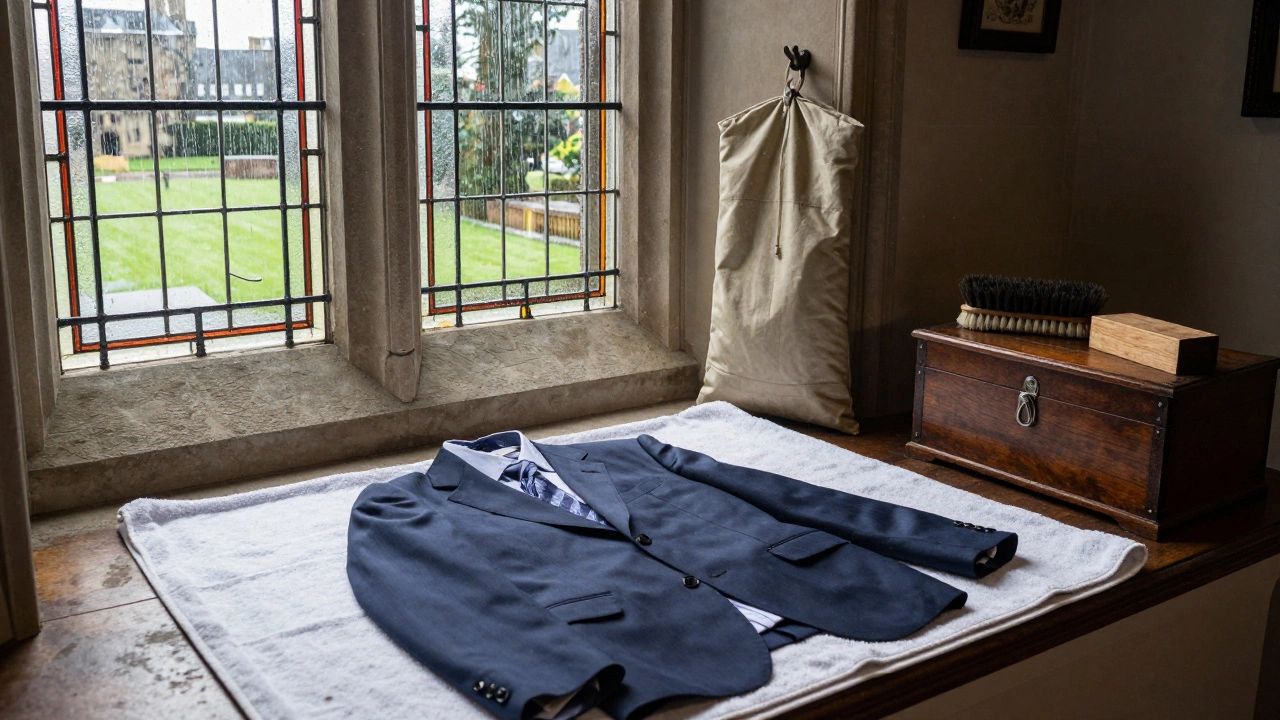 A suit laid flat on a towel in an Irish castle hallway with rain on the window.