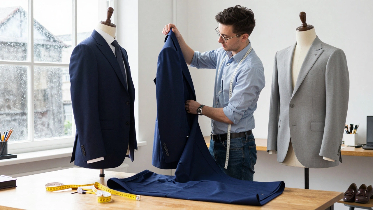 A tailor pins a navy suit waist in a Limerick workshop, with a poorly fitted light grey suit on a mannequin nearby.