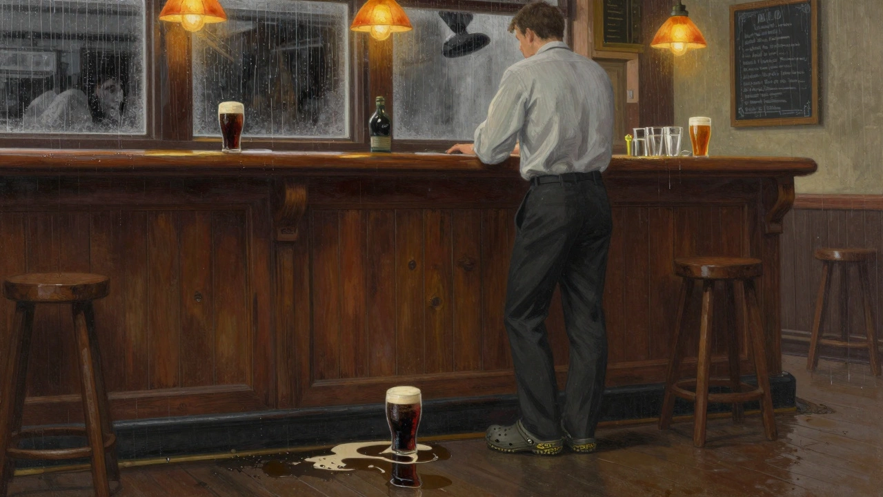 Barman in Belfast pub wearing Crocs Specialist Clogs on a wet floor with spilled stout and warm lighting.