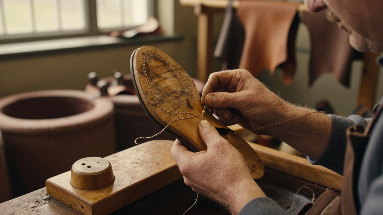 Cobbler hand-stitching a boot at Clonakilty Tannery, natural dyes and wooden lasts in background.