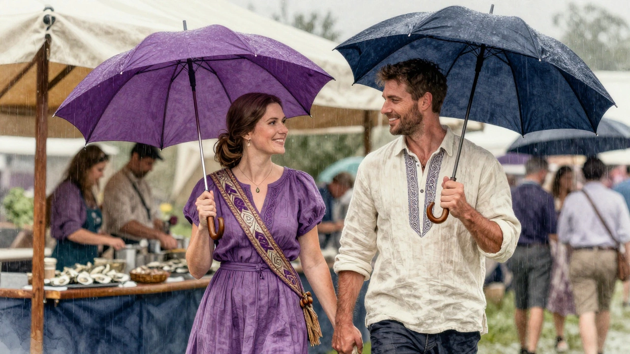 Couple in Irish linen attire at Galway festival, light rain falling.