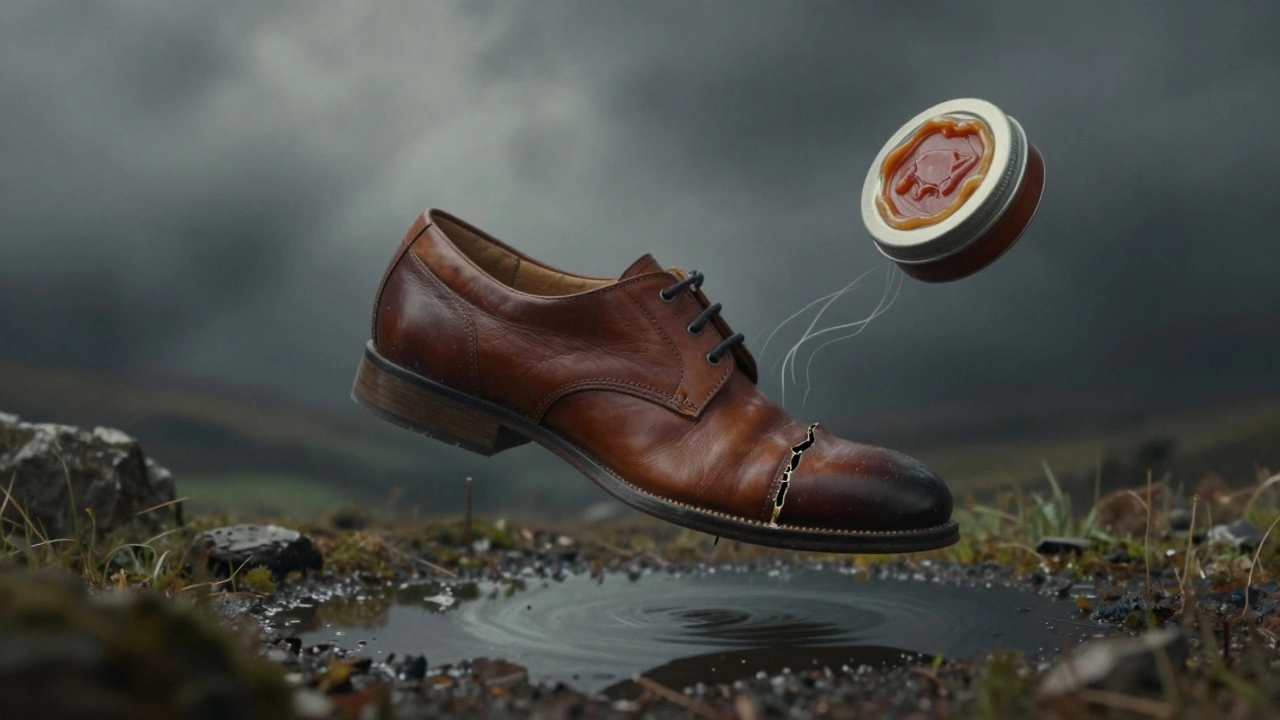 Cracked leather shoe splitting open above a puddle, with shoe tree and wax floating nearby in surreal style.