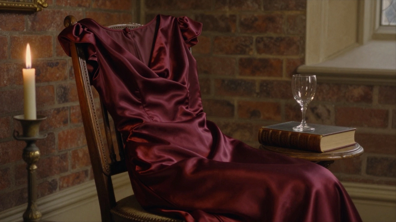 Deep burgundy silk dress draped on a wooden chair in a candlelit study with a wine glass nearby.