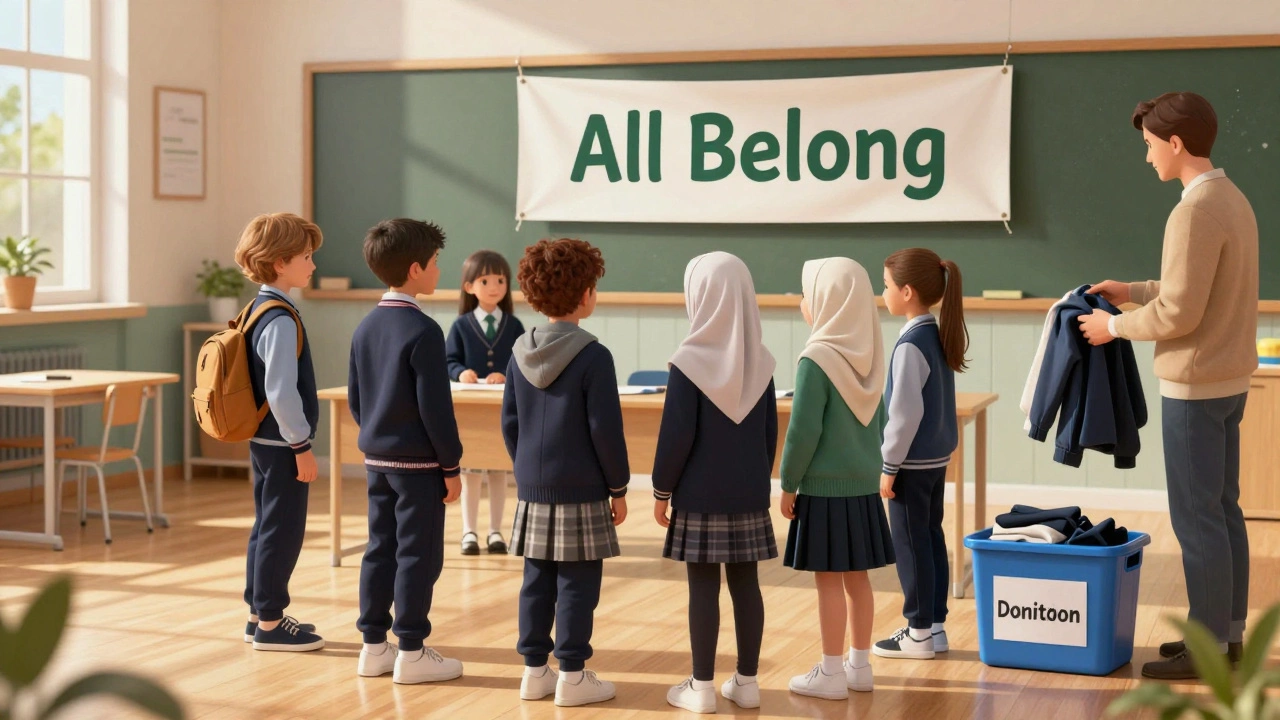 Diverse Irish schoolchildren in modern, inclusive uniforms gather in a schoolyard with a uniform donation bin.