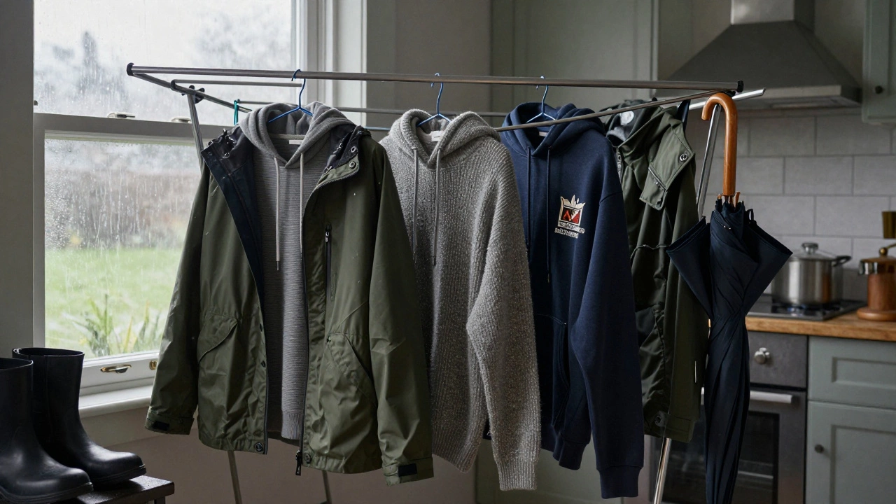 Five hoodies hanging on a drying rack in a small Irish kitchen, next to wet boots and umbrella, weather-beaten atmosphere.