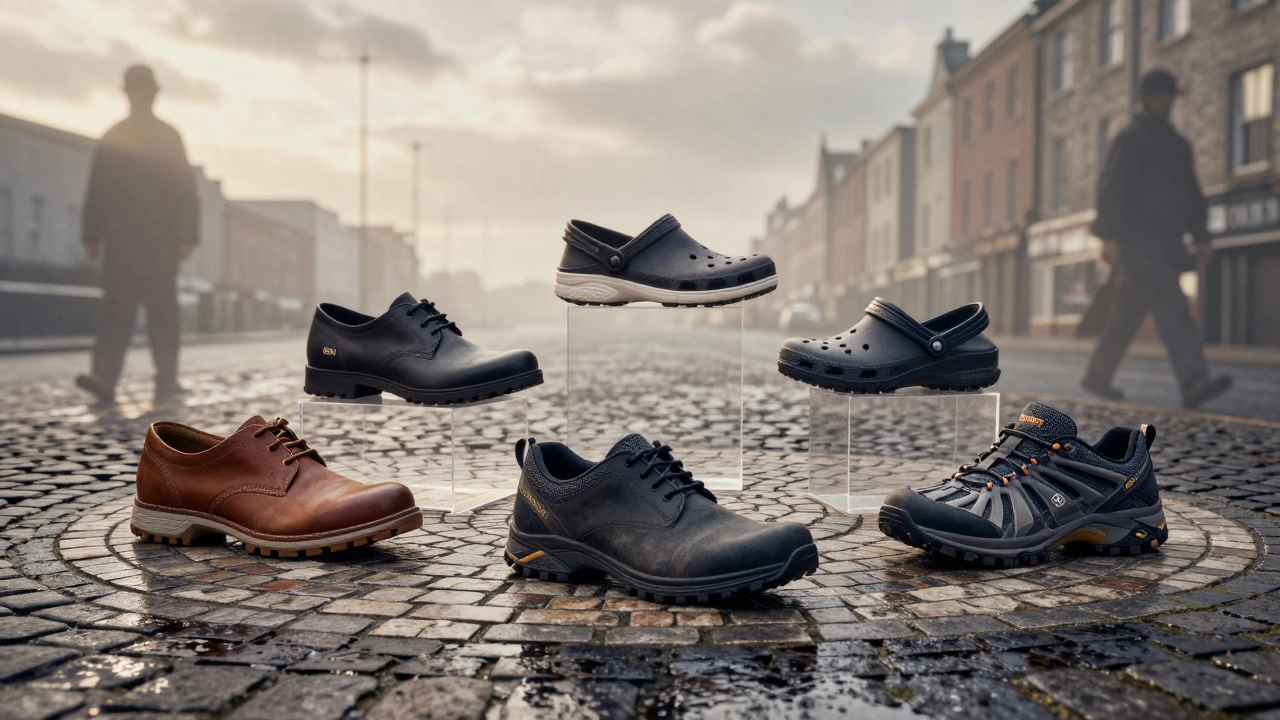 Five work shoes arranged on wet cobblestones with reflections of Irish cityscapes in puddles.