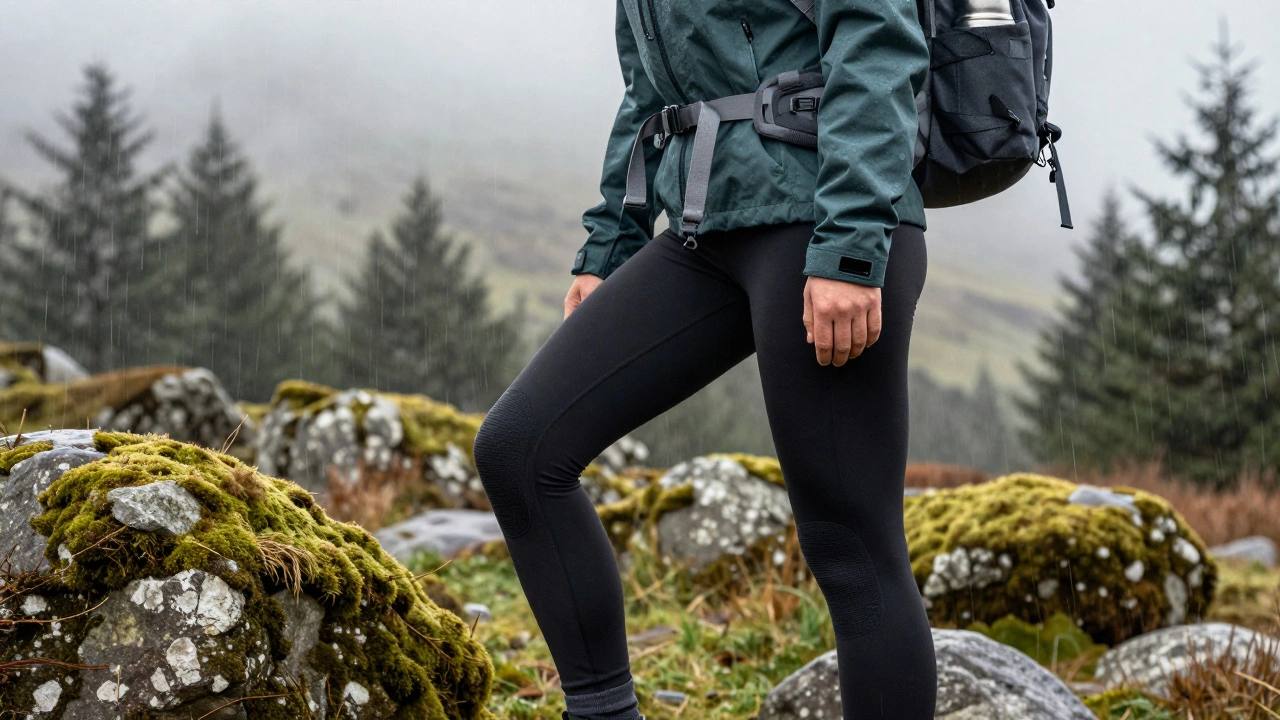 Hiker on Wicklow Mountains in drizzle, wearing functional leggings and jacket with thumbhole cuffs and backpack.