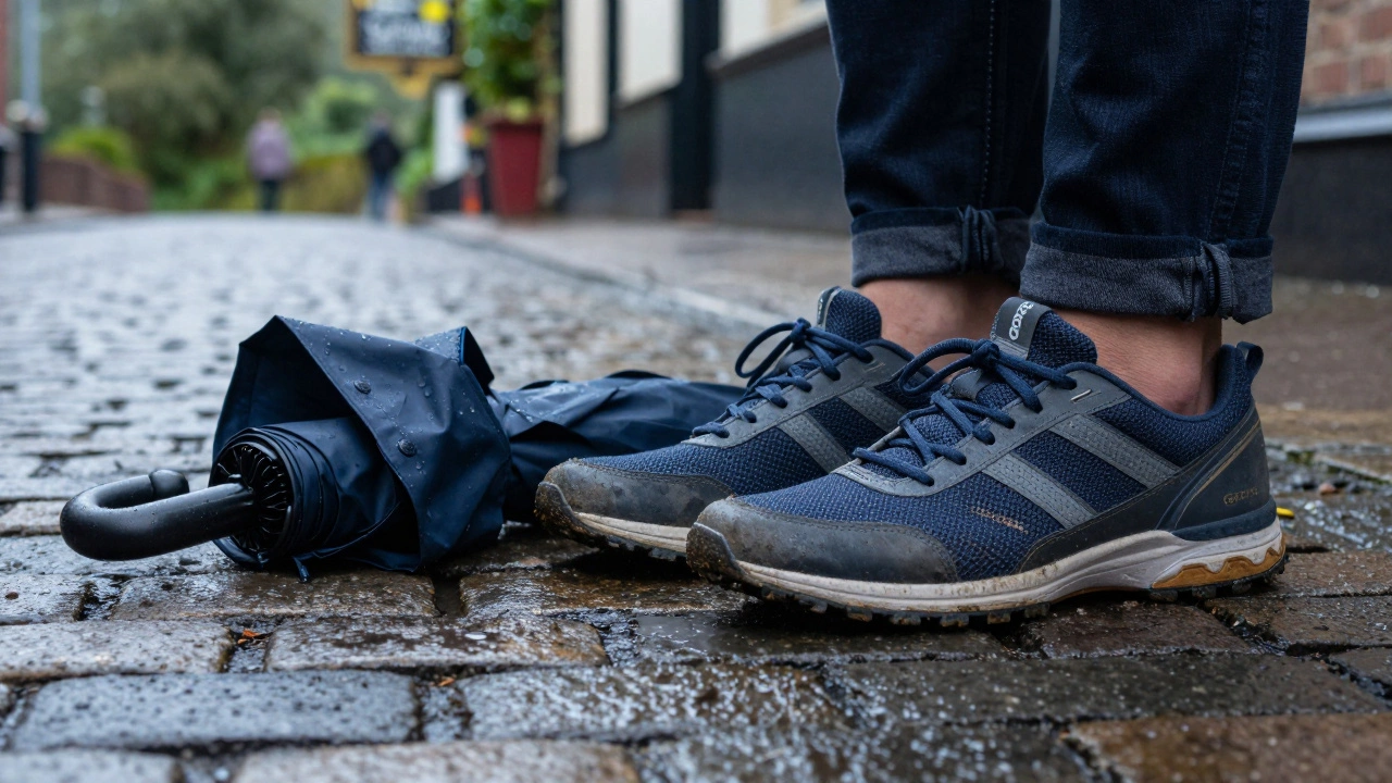 Irish waterproof shoes and foldable umbrella on wet cobblestones.