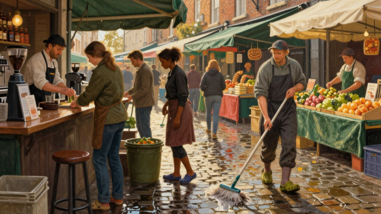 Irish workers in a market wearing Crocs on wet cobblestones under golden light.