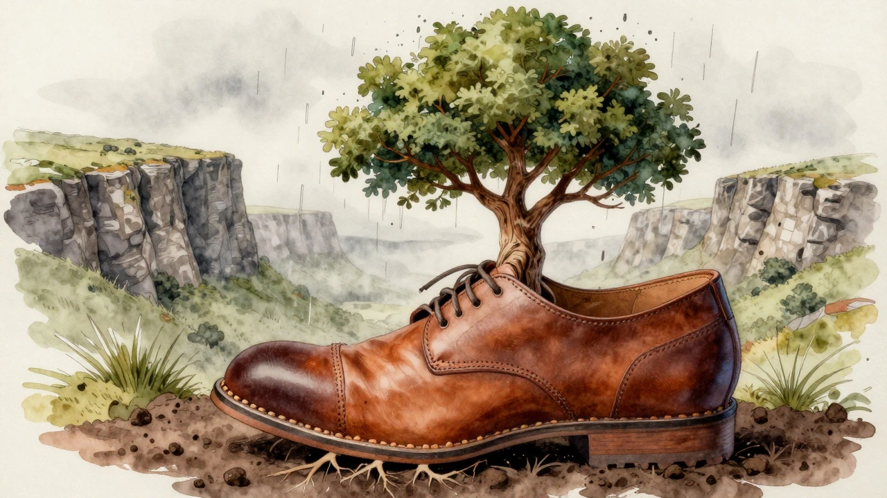 Leather shoe growing into a tree with sole branches, rooted in Irish landscape under misty cliffs.
