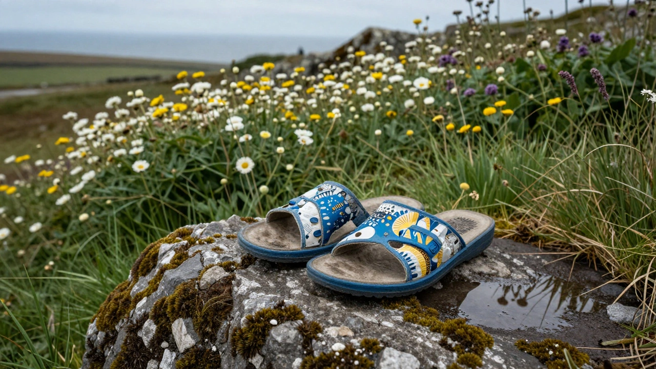 Recycled Hawaii slippers resting on a stone in the Burren, reflecting the Atlantic horizon in a puddle.