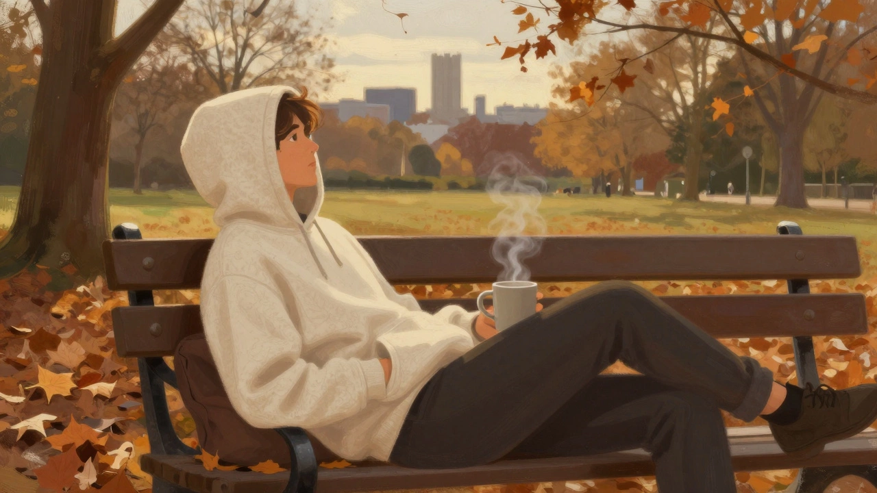 Someone relaxing in Phoenix Park wearing a soft organic cotton hoodie, autumn leaves around them, golden afternoon light.