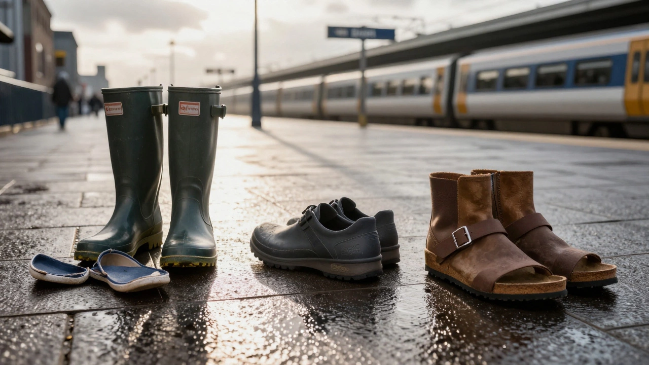 Three healthy Irish boots beside discarded cheap ones on wet pavement.
