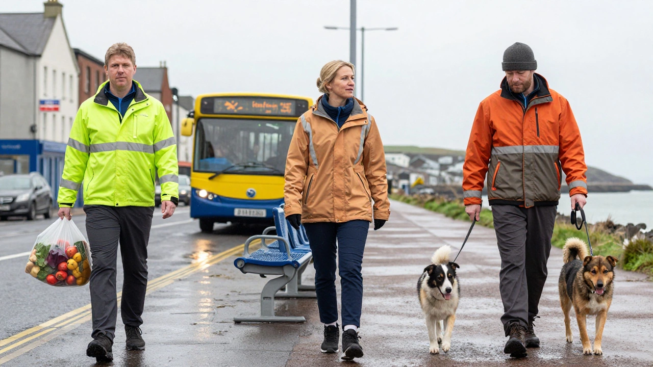 Three Irish people in practical sportswear — teacher, nurse, and farmer — going about daily life in rainy weather.