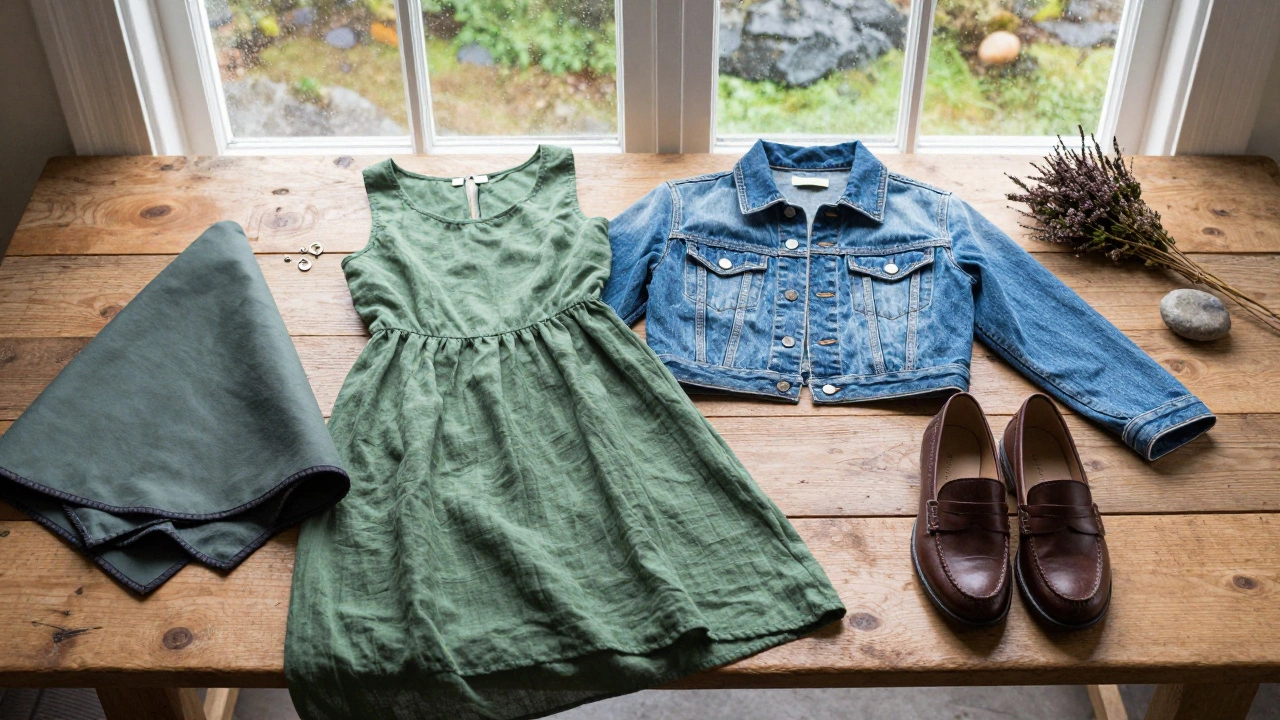 Three Irish summer outfit essentials: linen dress, denim jacket, and leather loafers with accessories on wooden table.