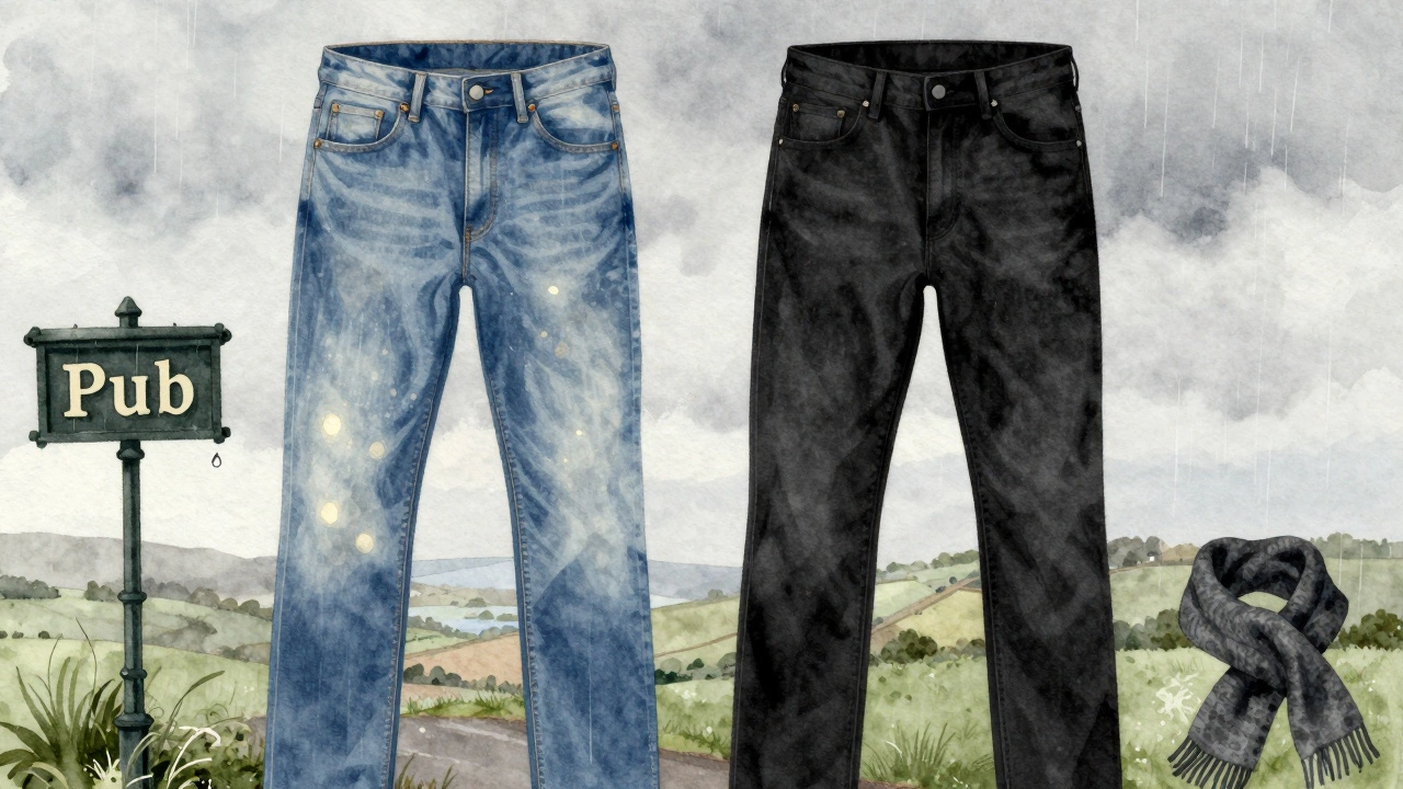 Two jeans side by side: light blue reflecting light with bulk, black denim absorbing light with slim silhouette.