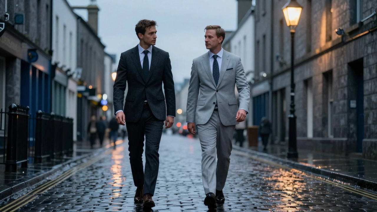Two men walk down a wet Galway street; one in charcoal suit looks slimmer than the other in light grey.