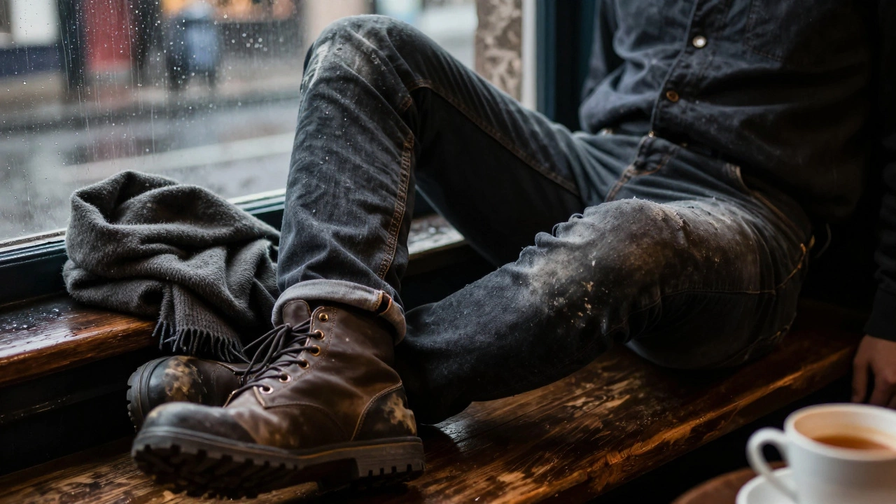 Well-worn dark denim jeans on a wooden bench beside walking boots and a cashmere scarf in a Galway pub.