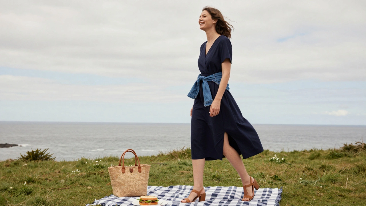 Woman enjoying picnic in Howth in navy knee-length dress with denim jacket, woven tote and sandals.