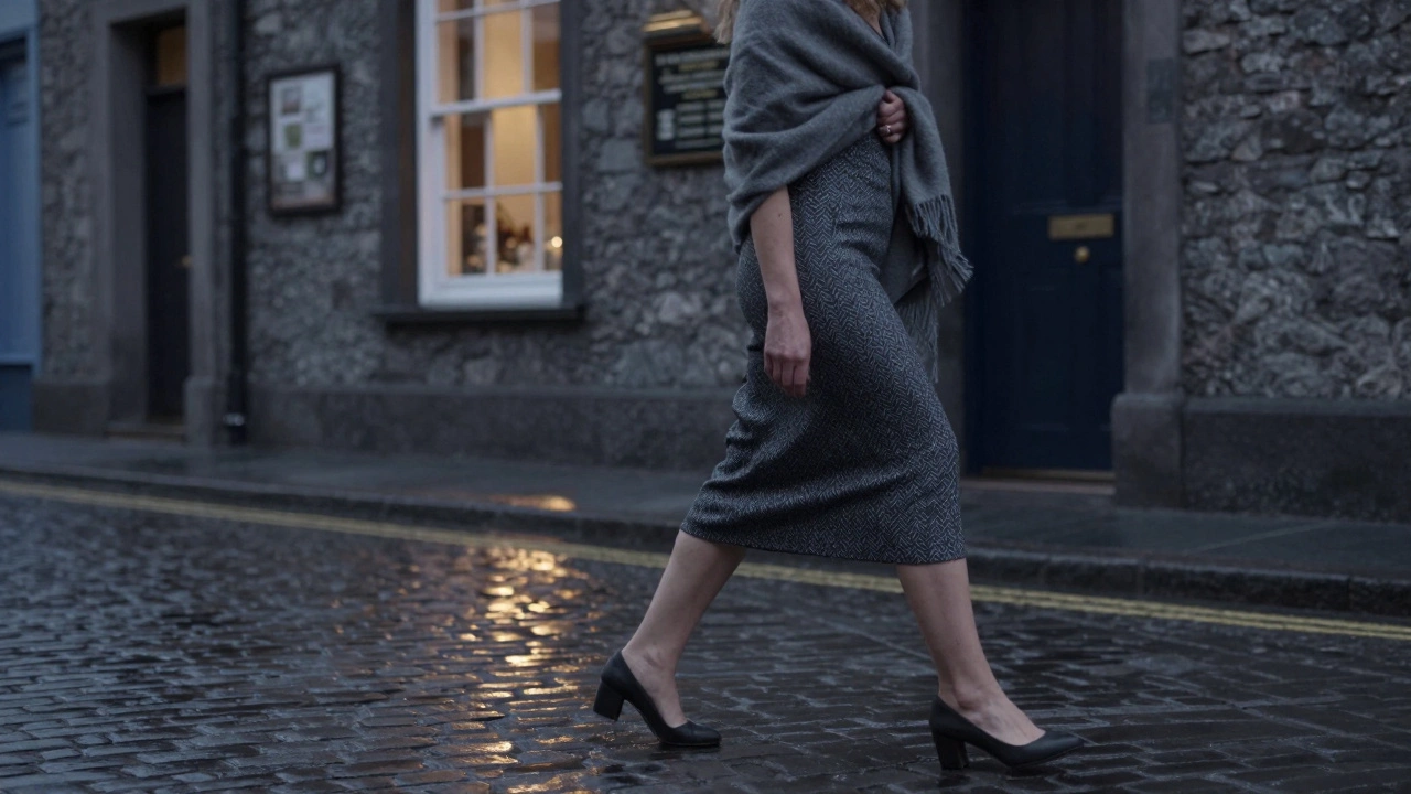 Woman in charcoal gray dress walking on wet cobblestones in Galway with a cashmere shawl.