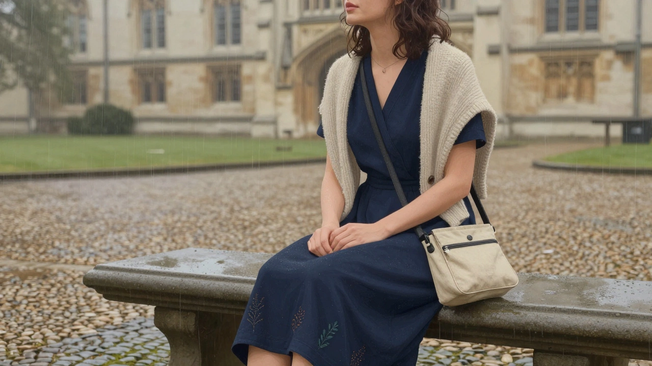 Woman seated on stone bench in Dublin wearing navy dress and wool cardigan as light rain falls.