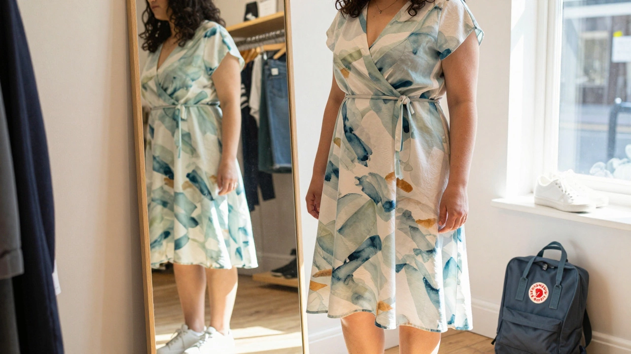Woman trying on a wrap dress in a Dublin boutique, natural light, denim jacket and sneakers nearby.