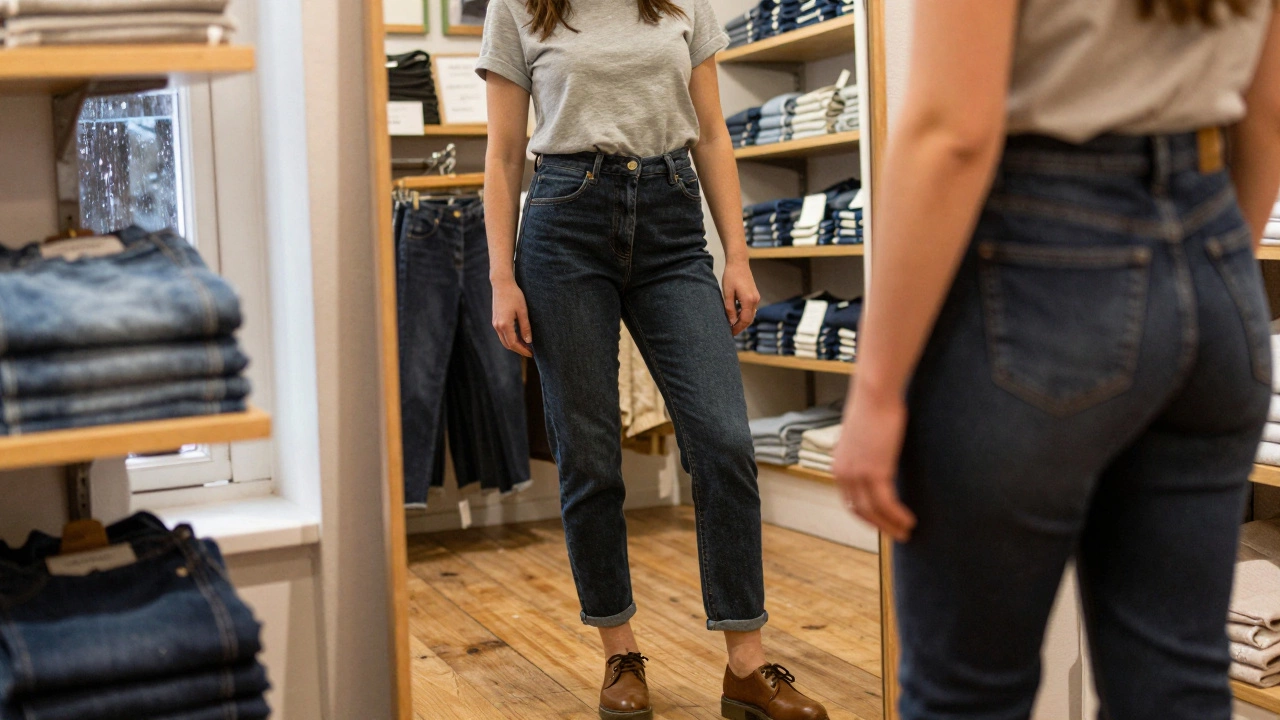Woman trying on mid-rise dark jeans in a Dublin boutique with sustainable fashion nearby.