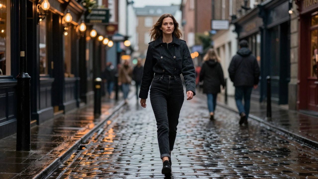 Woman walking down a wet Dublin street in black denim and coat, warm pub lights casting gentle shadows.