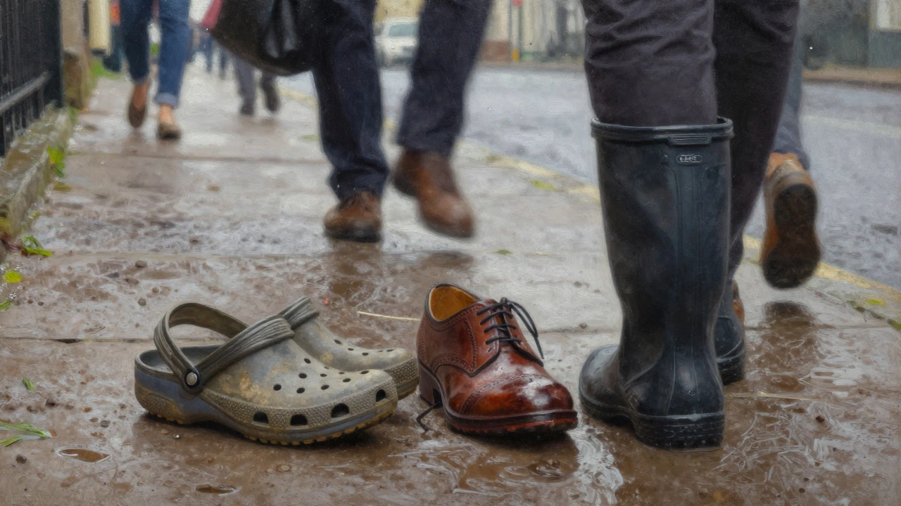 Worn Crocs beside professional shoes on a rainy Irish sidewalk, blurred figures walking past under gray skies.