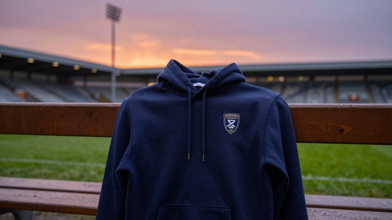 A faded navy hoodie with a GAA patch left on a bench at Croke Park after a match.