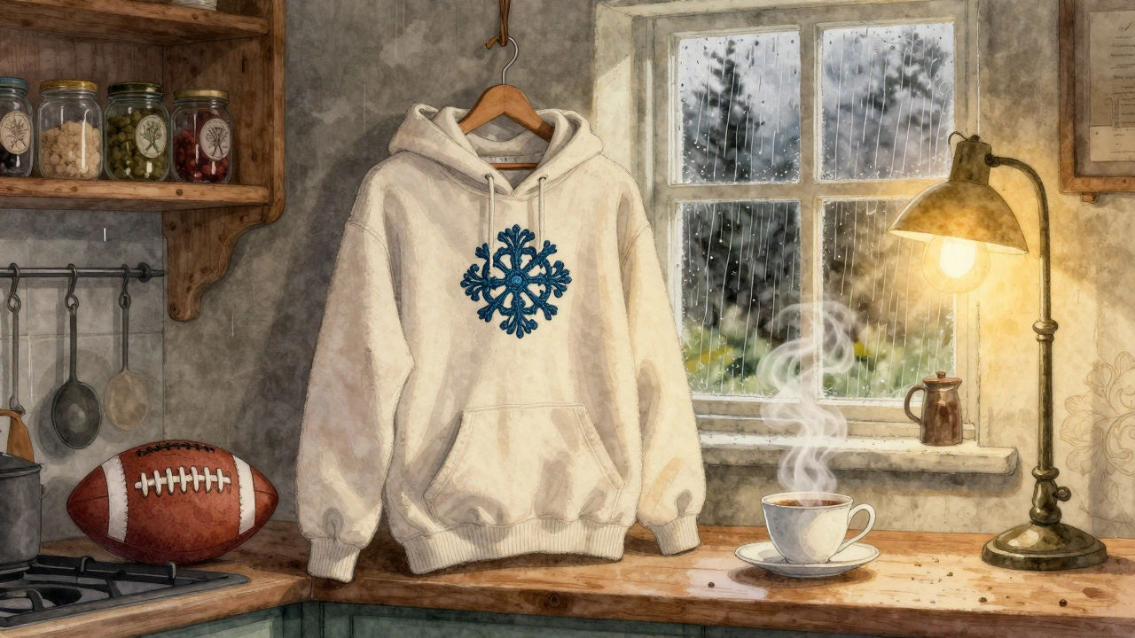 A hand-embroidered Claddagh hoodie hanging in a warm Irish kitchen with rain on the window.