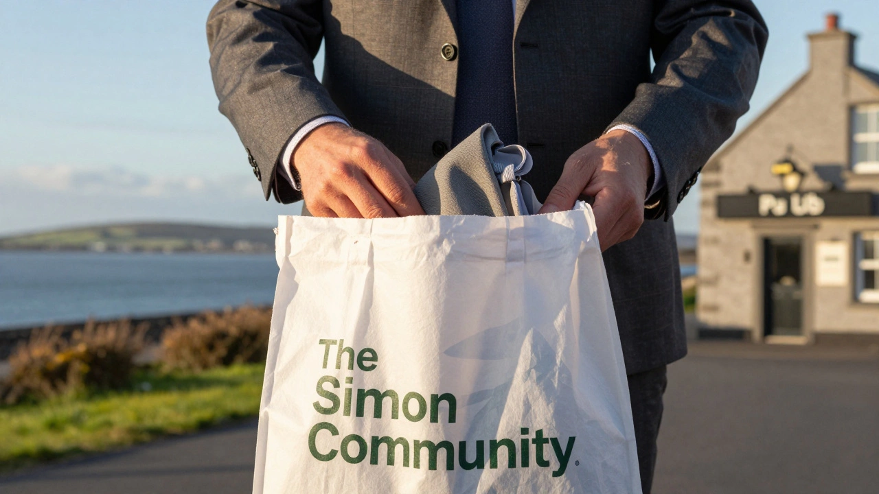 A suit being donated in a bag with faint Irish landscapes in the background, bathed in warm sunset light.