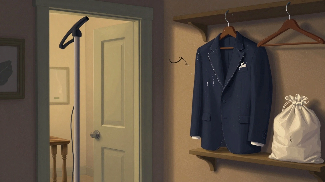 A suit lapel curling upward from moisture, with a wooden hanger and cotton bag nearby in a dim hallway.