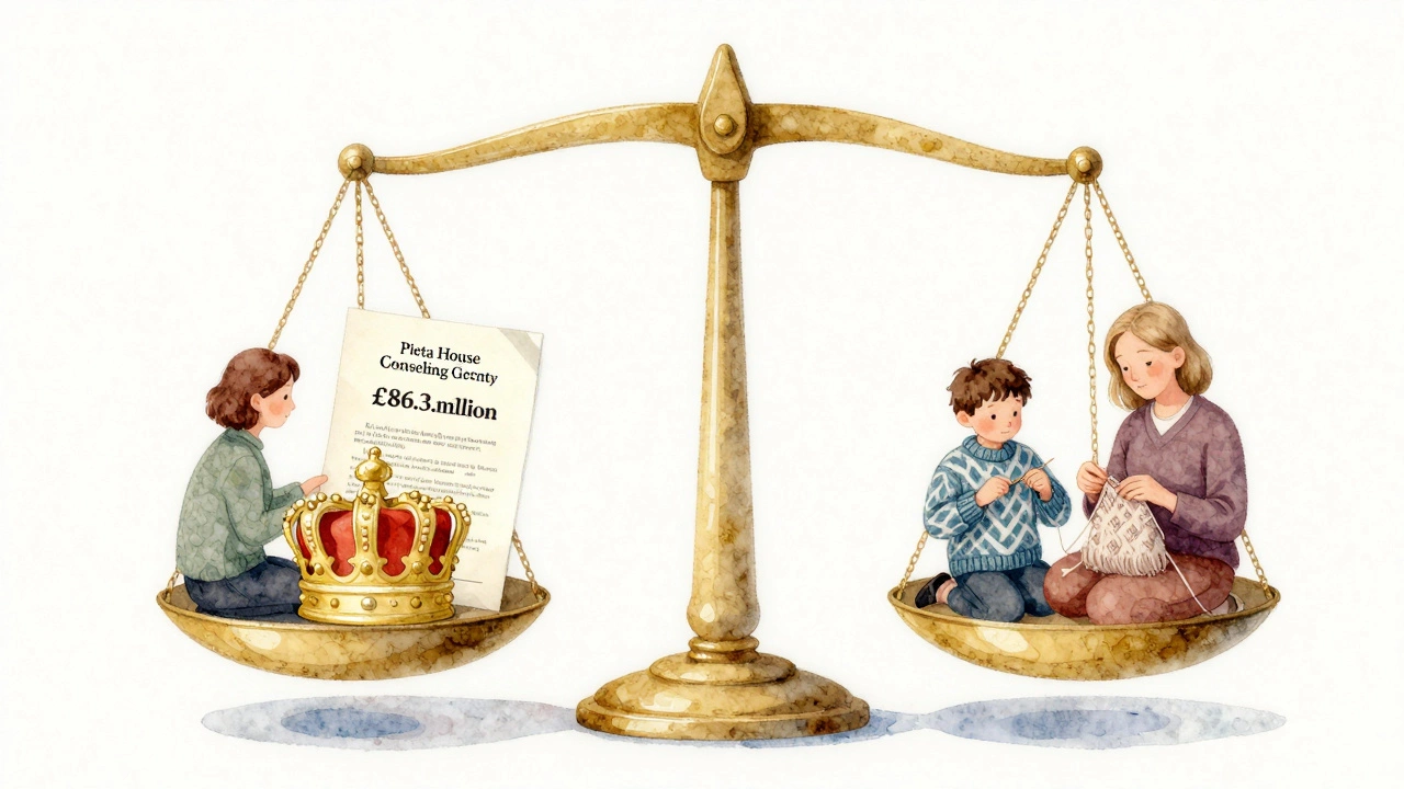 A symbolic scale balancing royal funding against Irish community moments like mental health support and traditional craft.