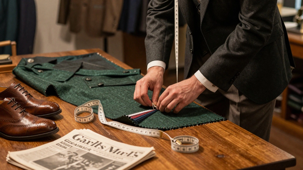 A tailor hand-pinning a bespoke suit in a Dublin workshop with wool swatches and brogues on the table.
